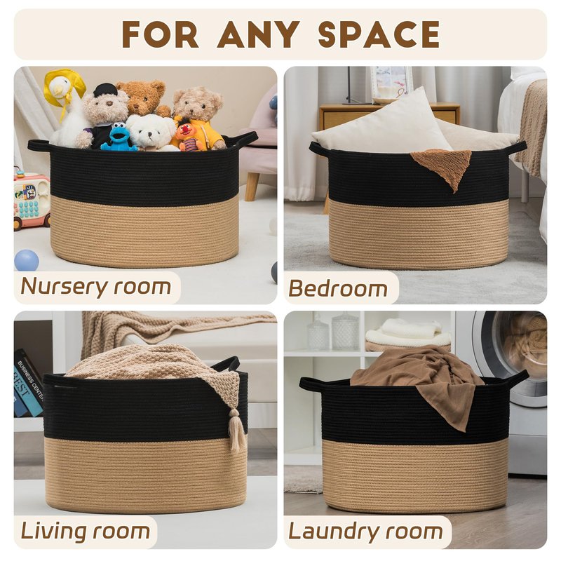 Gosipeya XXXLarge Woven Cotton Rope Basket (21.7" x 13.8") – Blanket Basket for Living Room, Laundry Hamper, Baby Laundry Hamper, Toy Storage, Pillows & Cushions Organizer (Black&Brown)