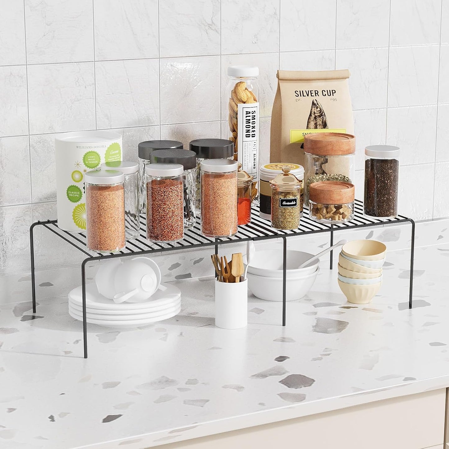 Expandable Storage Shelf - Adjustable Rustproof Metal Wire Spice Rack, Space Saver Kitchen Storage Shelves Set of 6