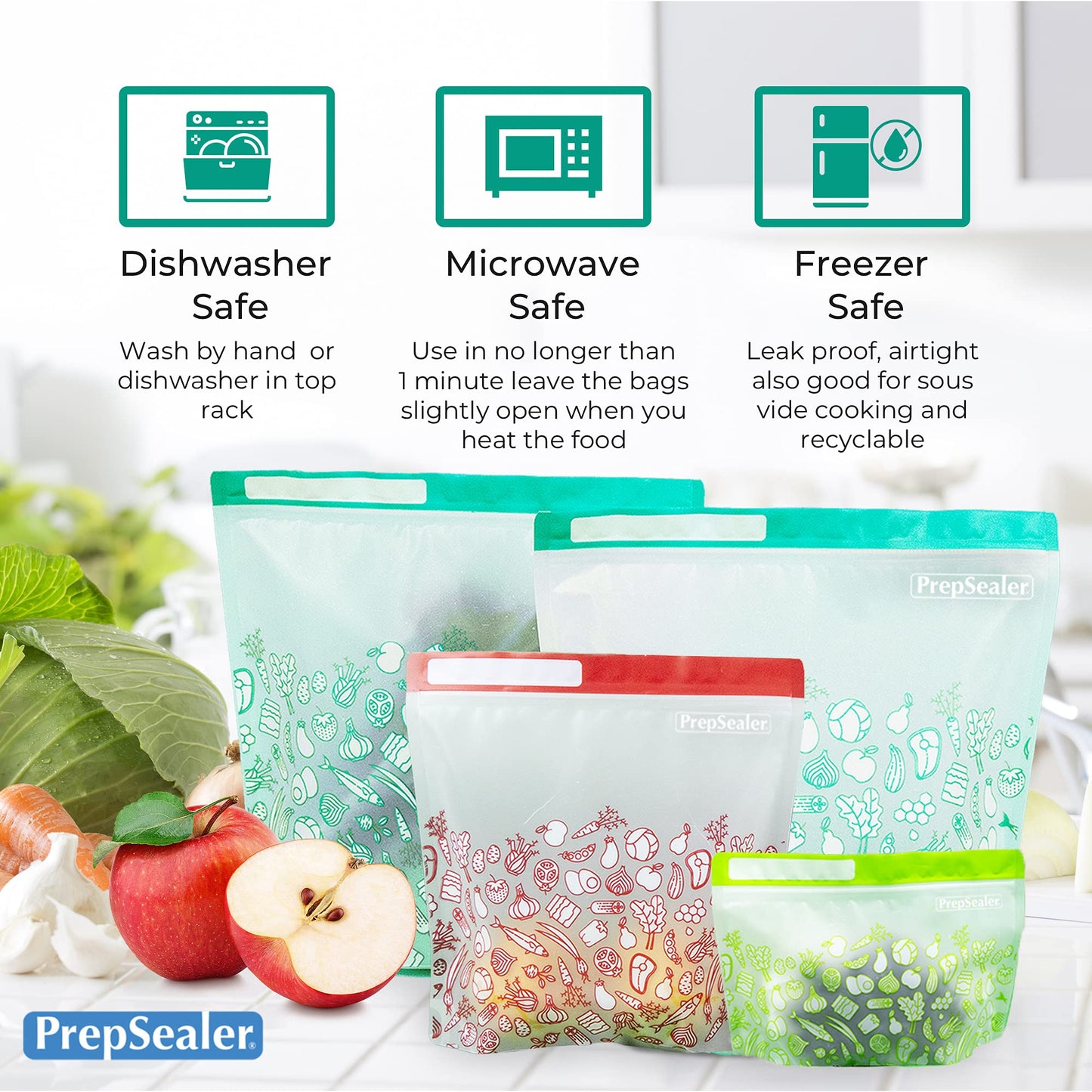 PrepSealer Reusable Food Storage Bags – Keep Fruits, Veggies & Meats Fresh Longer -10 Pieces (3 S, 3 M, 4 L)