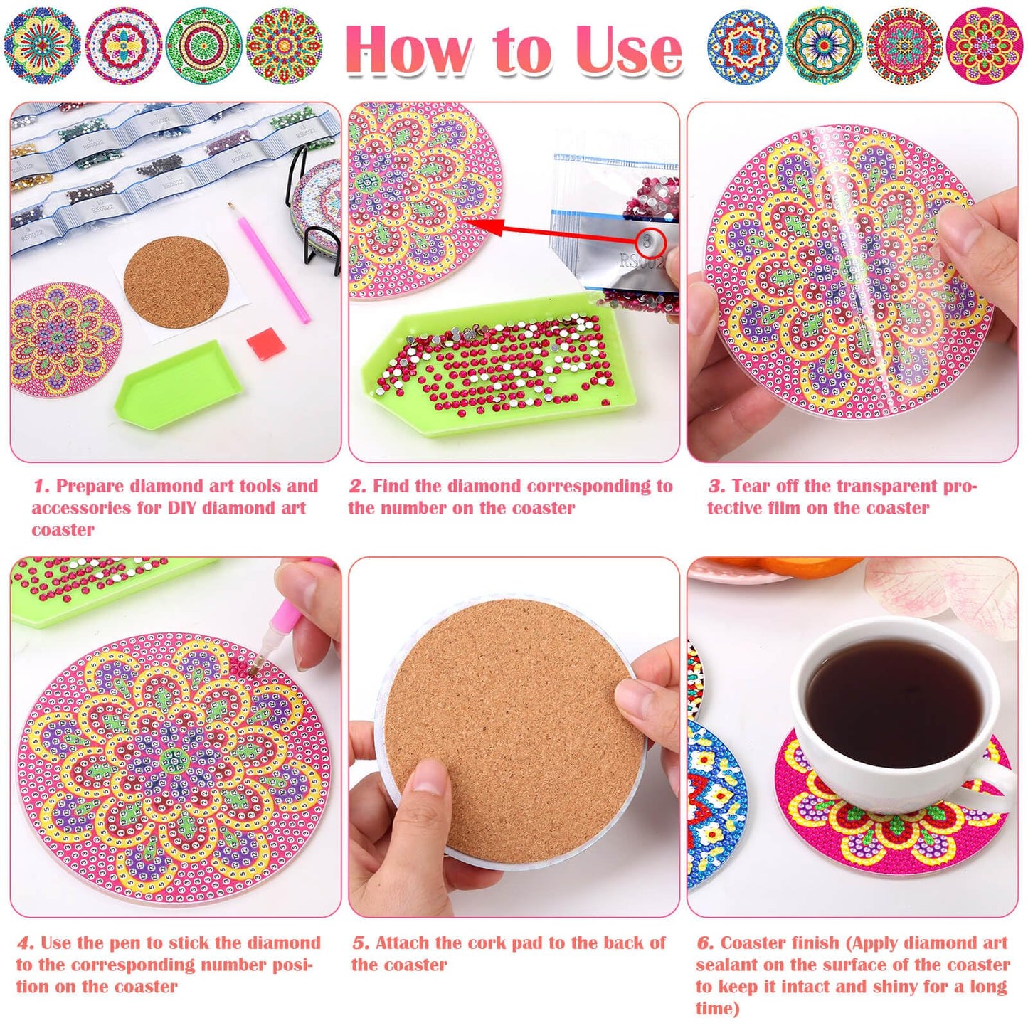 Billbotk 8 Pieces Diamond Painting Coasters Kit with Holder, Diamond Art Coasters, Arts and Crafts for Adults, Small Diamond Craft Kits for Beginners