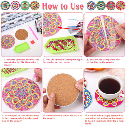 Billbotk 8 Pieces Diamond Painting Coasters Kit with Holder, Diamond Art Coasters, Arts and Crafts for Adults, Small Diamond Craft Kits for Beginners