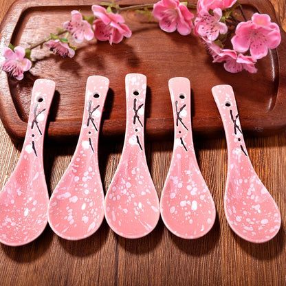 Japanese Soup Spoons Set of 5 - Pink Ceramic Spoons for Soup, Ramen, Pho, Gravy, and Dumplings