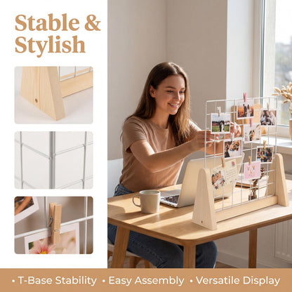 WANMEIZI 15.7”X15.7” Grid Wall Countertop Display Stand Metal Grid Wall Stand with Mini T-Base Portable Tabletop Display Unit with 20 Small Clips for Shows Retail Crafts Artistic Drawings Photos