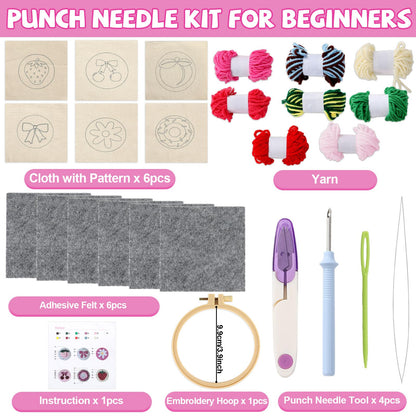 Pink Punch Needle Coaster Kit Strawberry Bow Floral Pattern Coasters Easy Punch Needle Embroidery Kit for Adults Beginner DIY Tufted Pads with Adhesive Felt Yarns Tools Embroidery Hoop Instruction