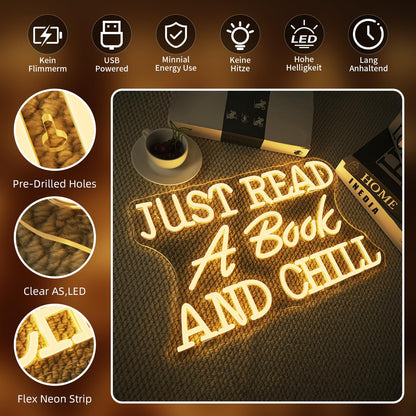VVYXX Just Read a Book and Chill White LED Neon Lights Wall Decor LED Sign with Dimmable Switch Neon Light Up Sign for Classroom Bookstore Library Study Room Reading Party