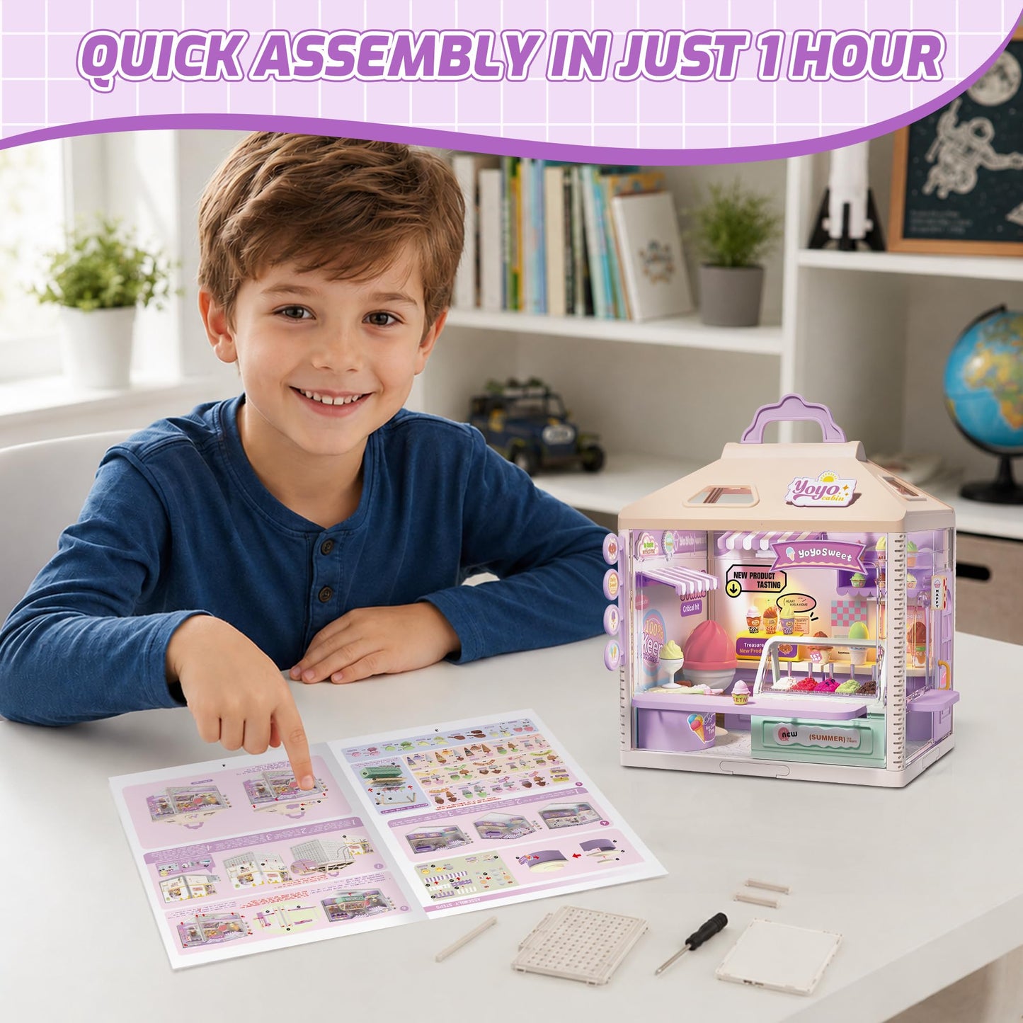 MINDNOOK DIY Miniature House Kit, LED Light-Up Dollhouse, Mini Dollhouse Building Set with Furniture, Craft Hobby Gift for Adults, Teens & Kids Ages 6+ (Ice Cream Shop)