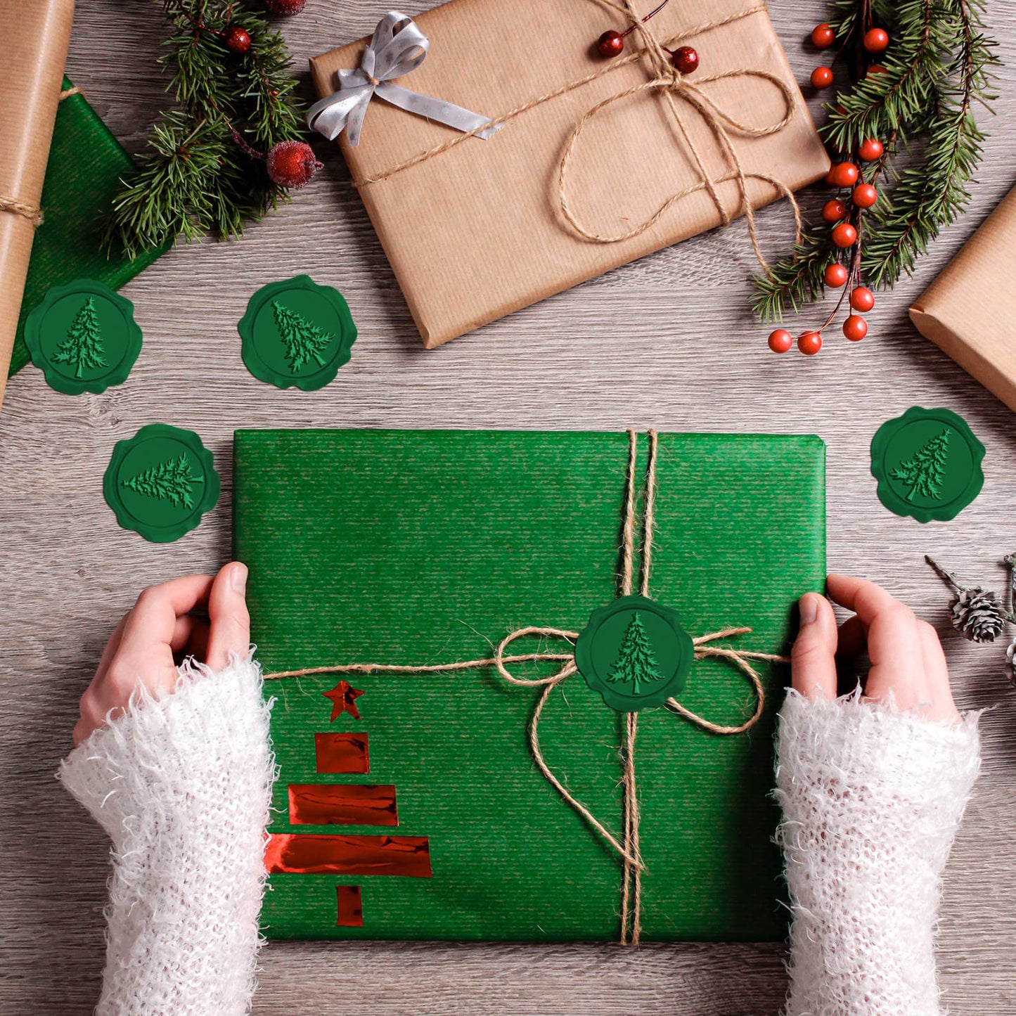 CRASPIRE 50pcs Christmas Dark Green Wax Seal Stickers - Pine Tree Self Adhesive Stamp for Wedding Invitations, Envelope Cards, DIY Craft