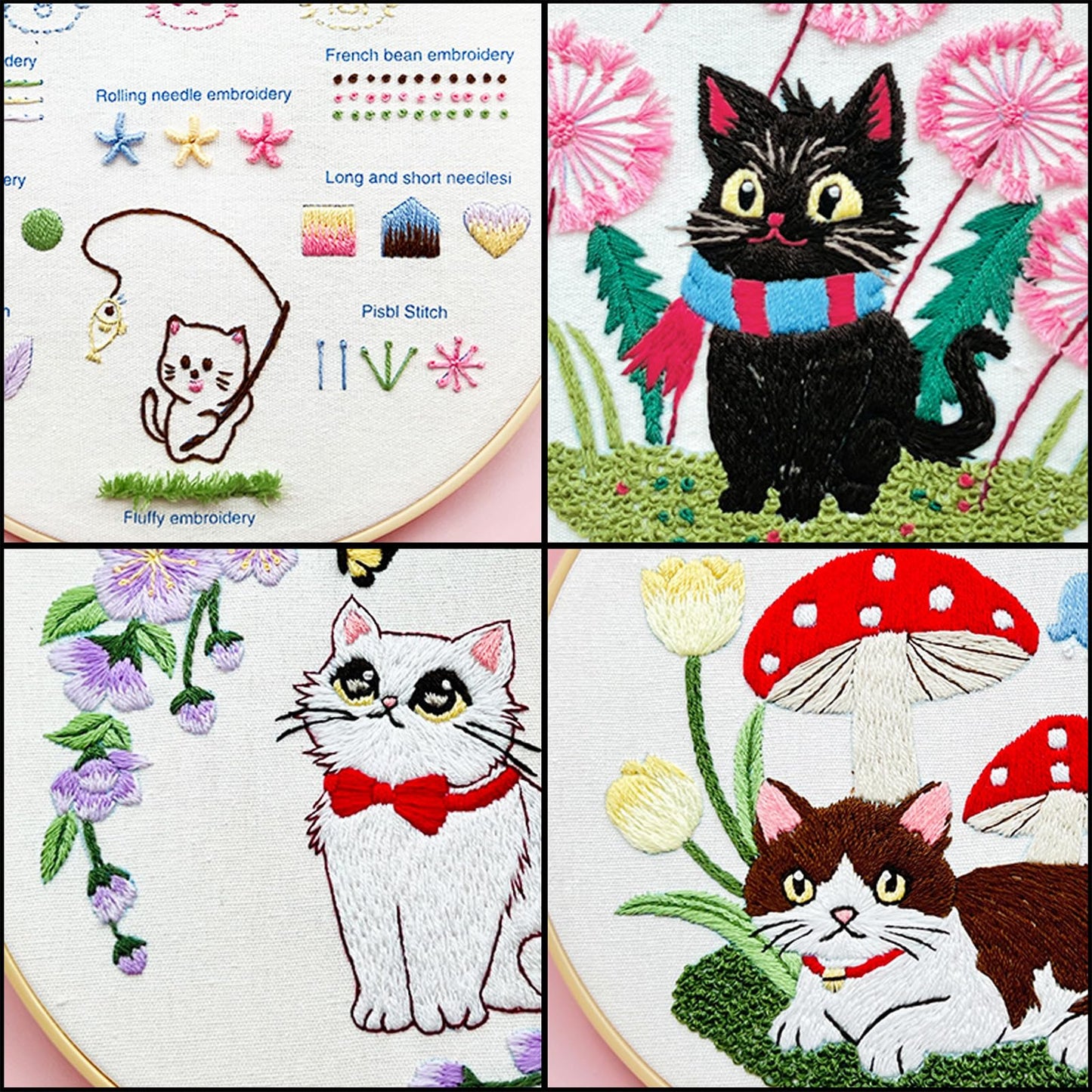 CHIYOSING Embroidery Kit for Beginners Adults, 4 Cat Pattern to Learn Over 30 Different Stitches,Includes Step-By-Step Instructions,Sharp Scissors and 2 Exquisite Hairpins and Multiple Accessories.