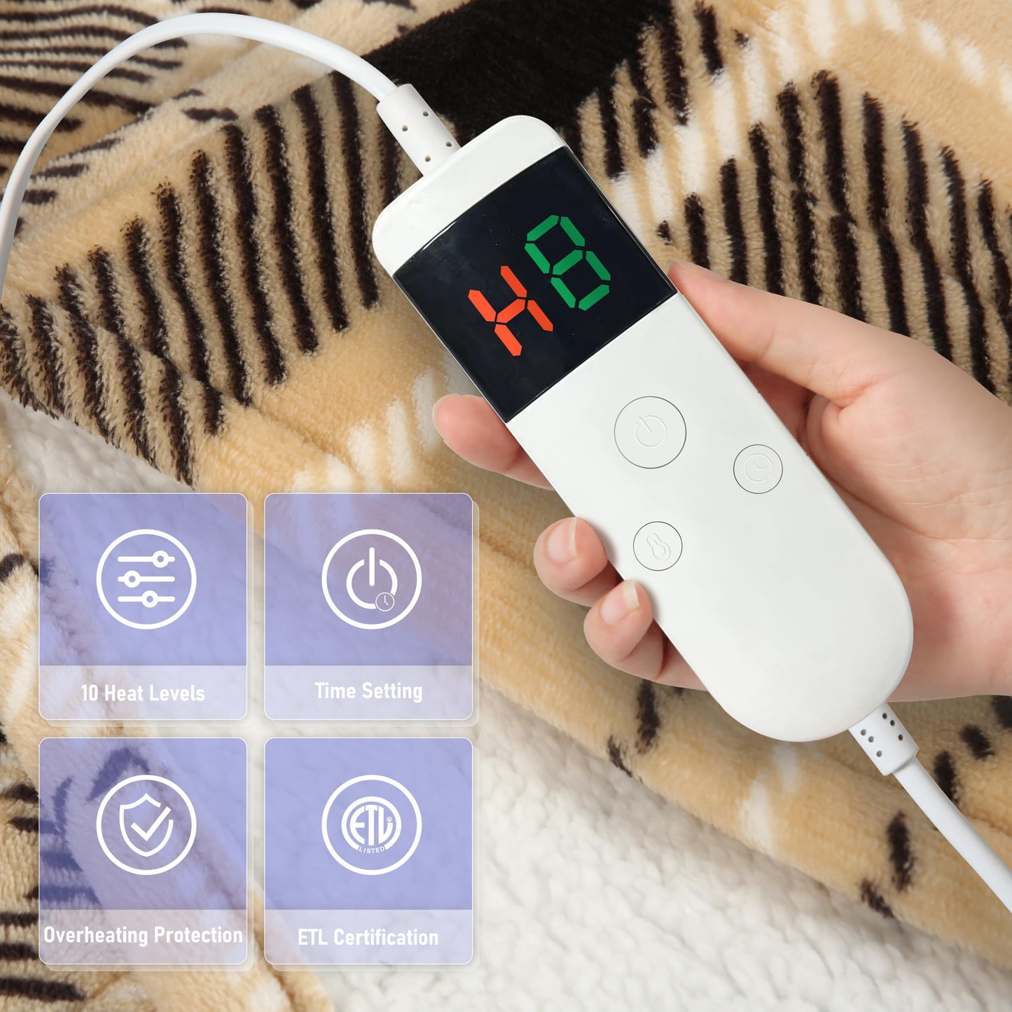 Electric Heated Blanket Queen Size 84''x90'' Soft Flannel & Sherpa Electric Blanket with 10 Heating Levels, Automatically Shut Down After 8h with Overheat Protection Machine Washable