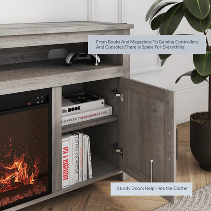 BELLEZE 58" Farmhouse Fireplace TV Stand for TVs up to 65", 23" Electric Fireplace Heater with Sound, Entertainment Center Media Console Table Barn Door Storage Cabinets for Living Room -Gray