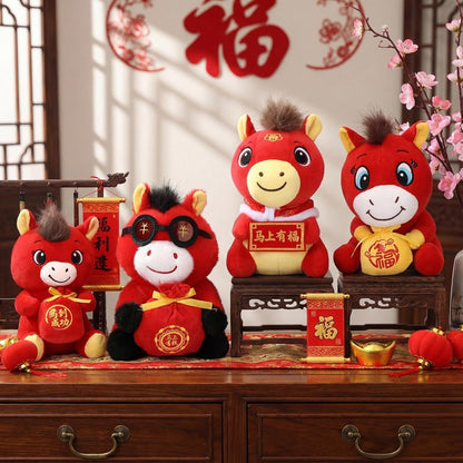 Silipull 4 Pcs Chinese New Year Horse Mascot Pillow 7.9-9.8 inches 2026 Year of the Horse Cushion Festive Gift for Home Decoration Spring Festival Holiday(Blessing Style)
