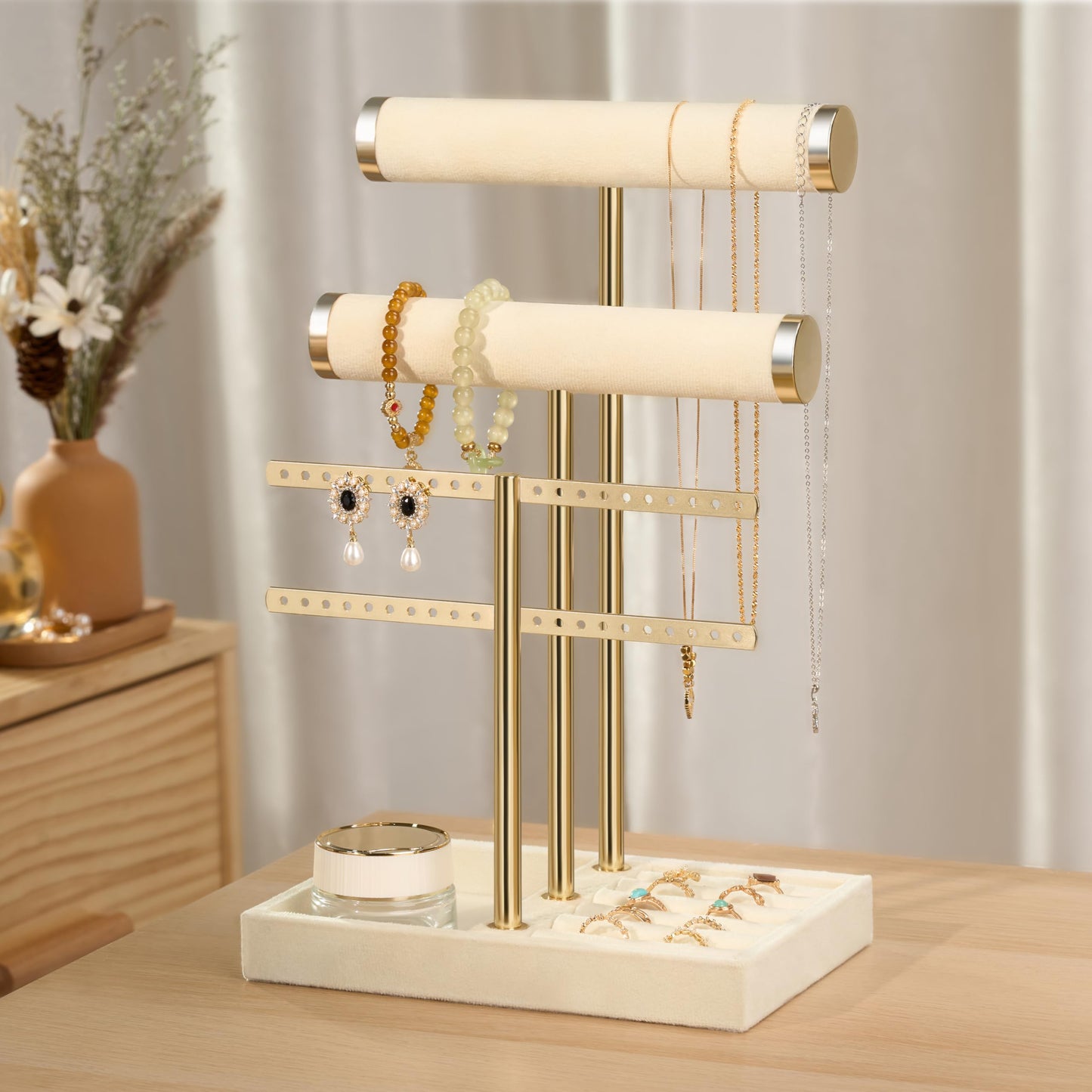 bussdis 3 Tier Bracelet Holder Display - Detachable T Bar Beige Velvet Bracelet Holder, Jewelry Holder Organizer for Bracelet, Necklace, Earrings, Rings