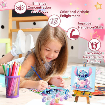 nekpiahu 6 Pack Cartoon Paint by Numbers for Kids with Framed Canvas-with Wooden Easel, Paint by Number for Kids Ages 4-8-12, DIY Easy Acrylic Oil Painting Kits for Home Wall Decor (8X8inch)