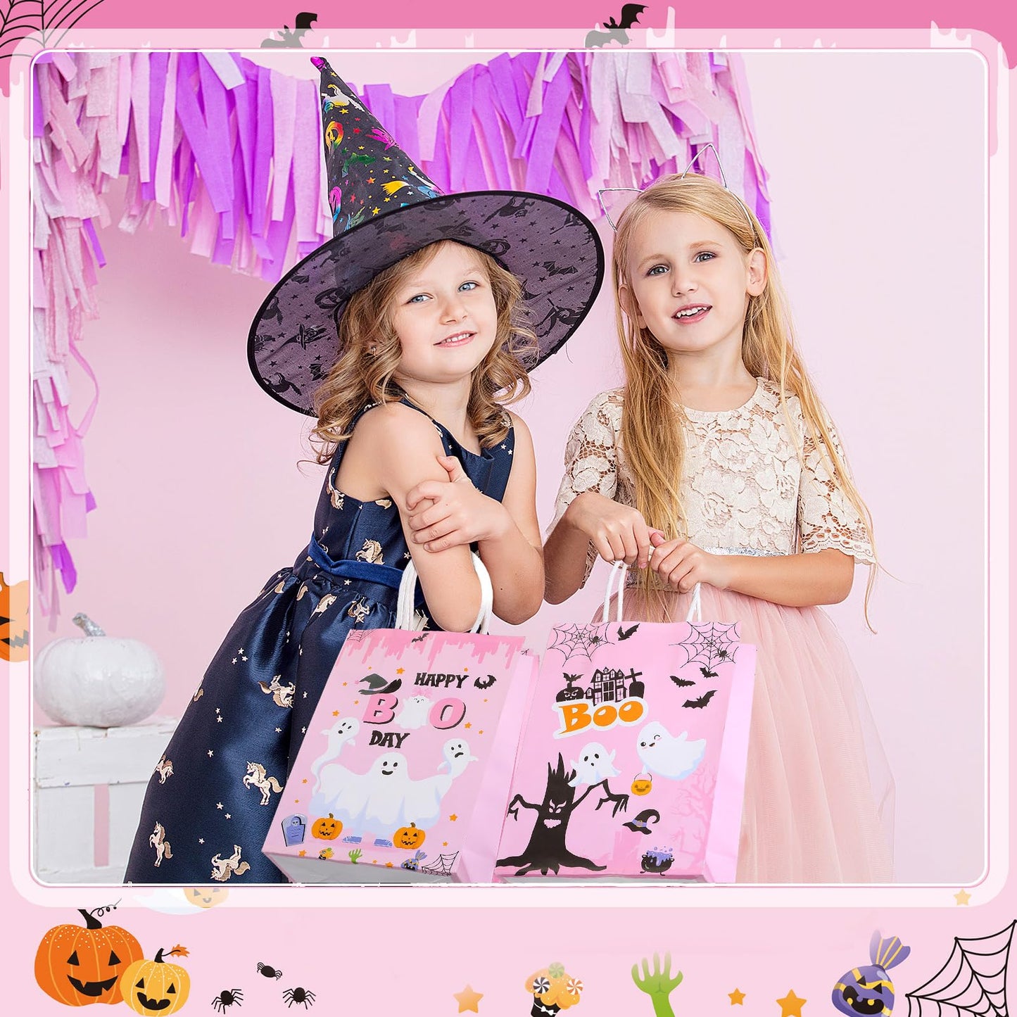 Kolldenn 48 Pink Halloween Snack Bags with Handle Hey Boo Treat Bags Bulk Pink Party Favors for Halloween Parties & Decor