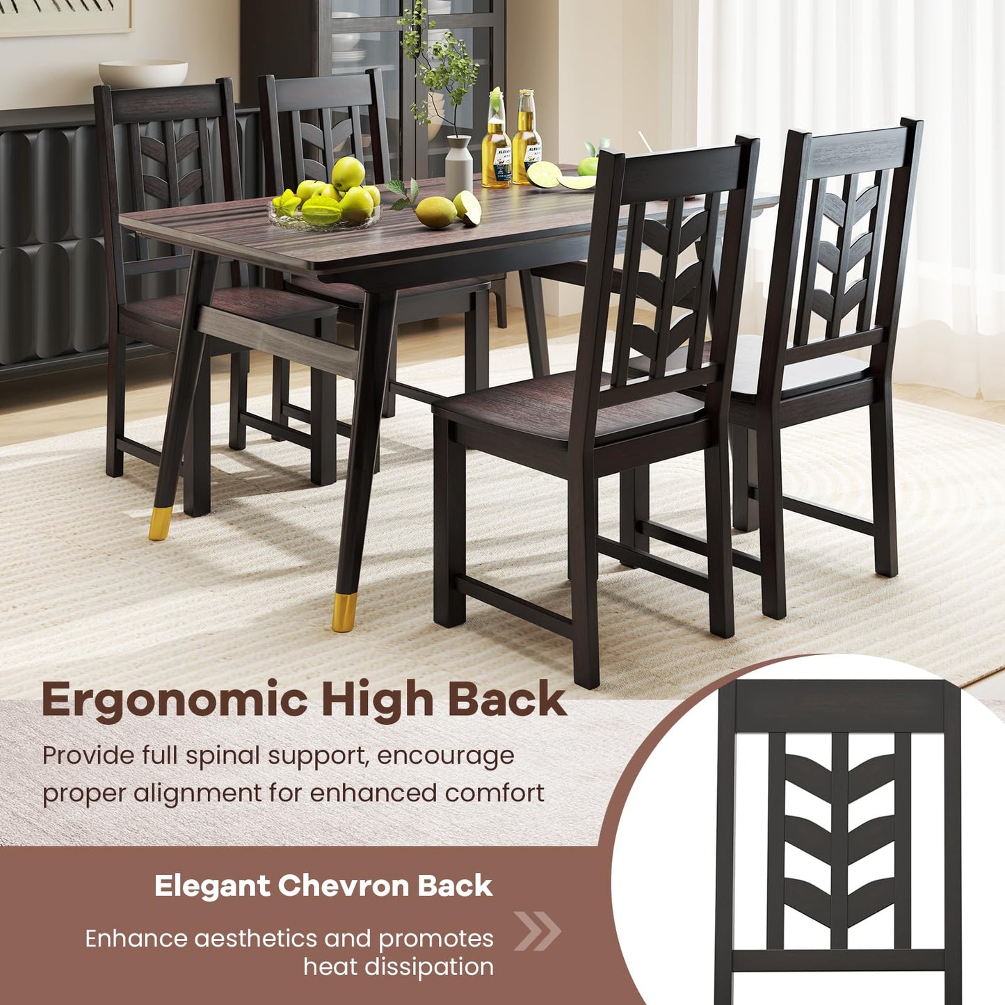 NAFORT Solid Wood Dining Chairs Set of 6, Brown Kitchen Table Chair with Max Load of 430 Lbs, High Chevron Back Dining Room Chairs for Dining Table in Kitchen and Dining, Home Office, Restaurant