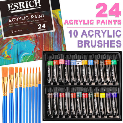 ESRICH 78PCS Acrylic Paint Set with Wood Easel, Paint Brushes, Canvases, Art Painting Supplies Kit for Kids, Students, Artists and Beginners