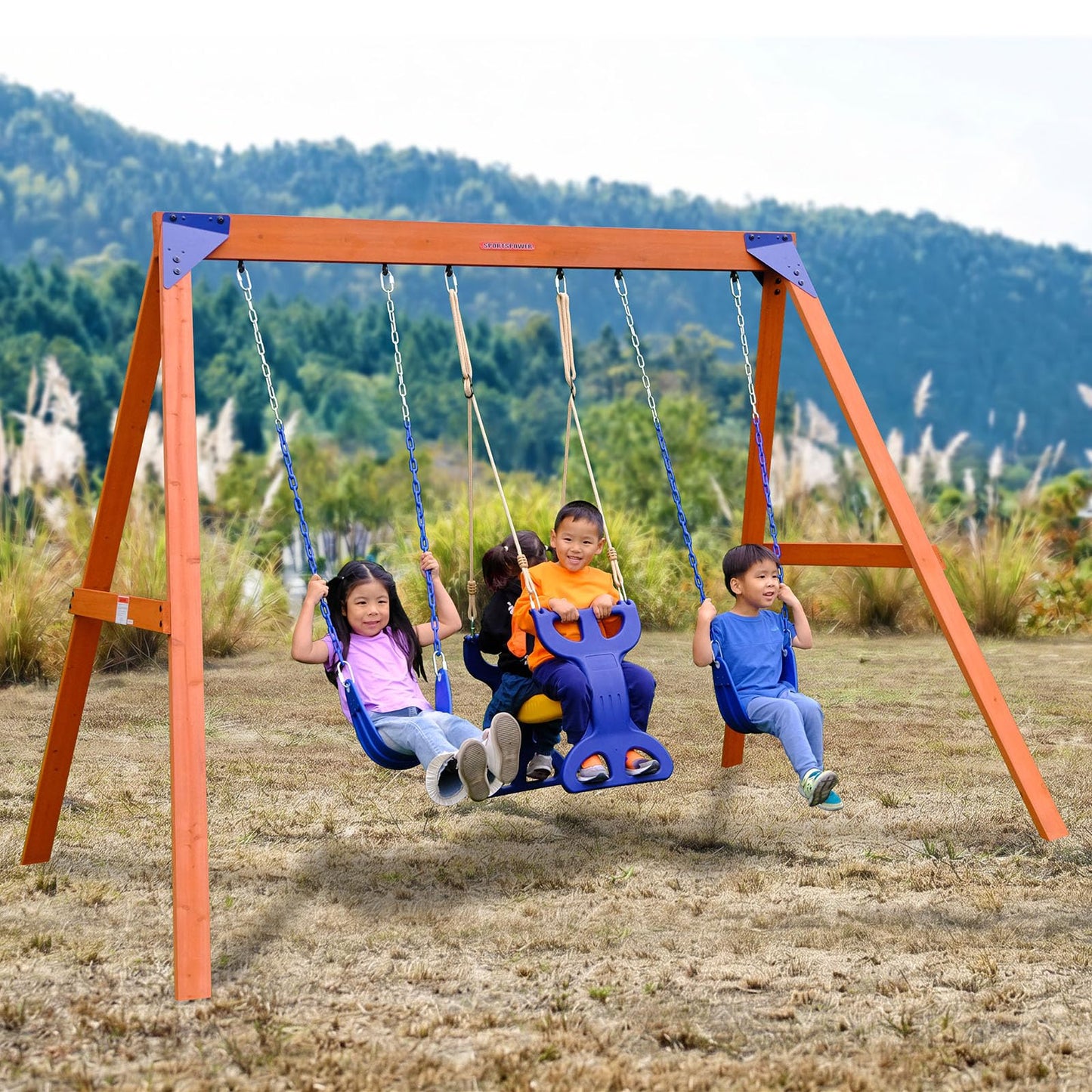 Sportspower Madison Cedar Wooden Swing Set: 2 Height Adjustable Swings and 2 Person Roman Glider Swing, Backyard Outdoor Playset for Kids