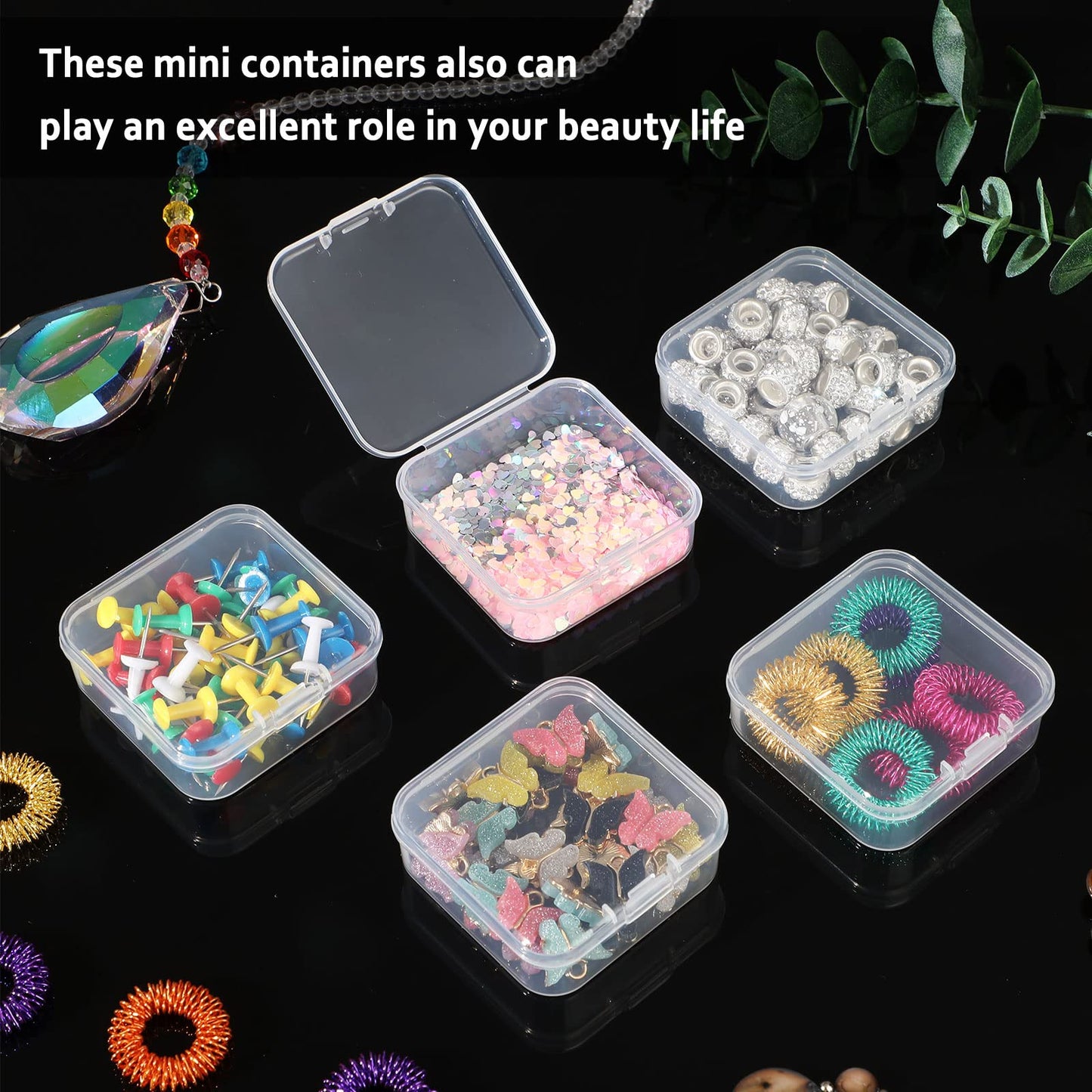 SATINIOR 100 Pcs Clear Plastic Beads Storage Containers Box Small Clear Boxes with Hinged Lid Plastic Case Mini Square Arts Crafts Storage Organizers for Small Items(2.1 x 2.1 x 0.8 Inch)