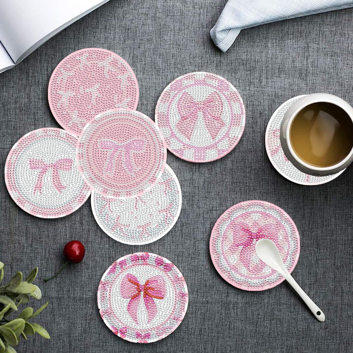 8 Pcs Diamond Painting Coasters,Diamond Painting Kits,Pink Bow Diamond Art Coasters,5D DIY Full Drill Diamond Dots,Gem Art Kits for Adults Arts and Crafts Supplies