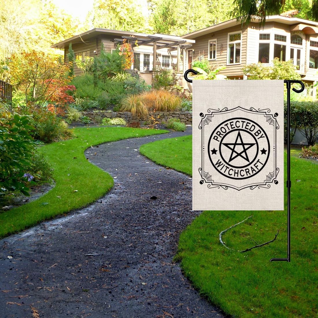 Witchy Pentagram Garden Flag, Protected By Witchcraft Spooky Vibes Wiccan Gift