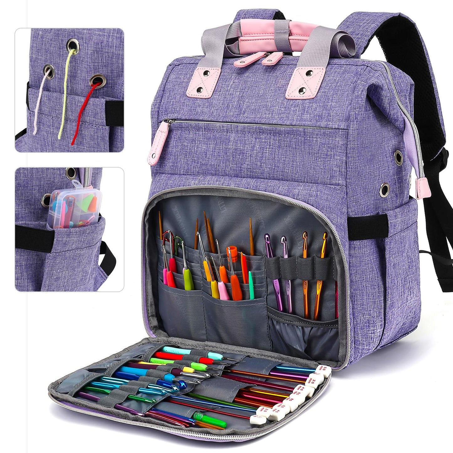 LTINVECK Knitting Bag Backpack,Yarn Storage Organizer Travel Crochet Bag,Large Capacity Tote Bag Yarn Holder Case for Carrying Projects, Knitting Needles, Crochet Hooks,Purple