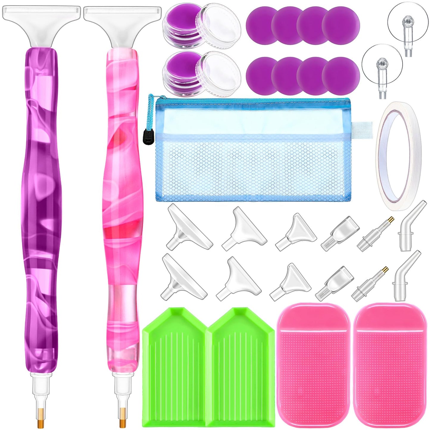 Outus 31 Pcs 5D DIY Diamond Tools Kit with Handmade Resin Painting Pens, Anti-Slip Mats, Plastic Diamond Trays, Clay Boxes, Drill Point Accessories for Adults DIY Craft(Pink, Purple)