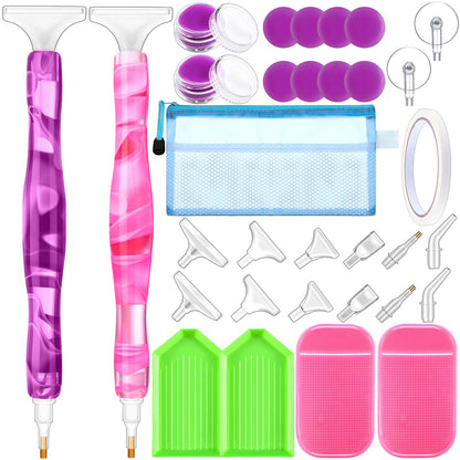 Outus 31 Pcs 5D DIY Diamond Tools Kit with Handmade Resin Painting Pens, Anti-Slip Mats, Plastic Diamond Trays, Clay Boxes, Drill Point Accessories for Adults DIY Craft(Pink, Purple)