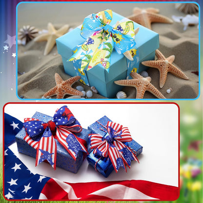 Vincreem 12 Rolls Memorial Day Summer Wired Edge Ribbon for Wreaths 2 Inch x 60 Yards Red White and Blue Star Print Grosgrain Ribbon Summer Crafts for Memorial Day Party Supplies 12 Styles