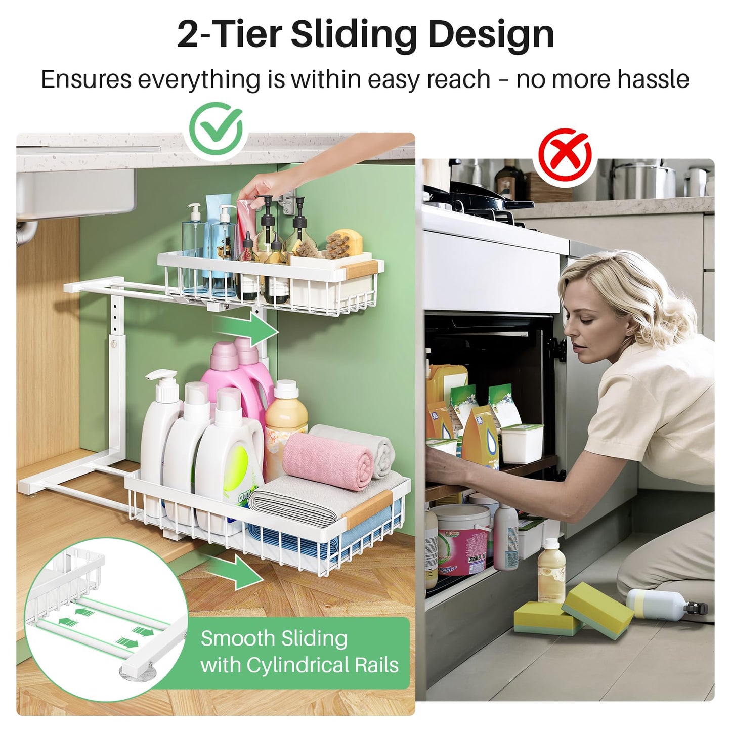 Kitstorack Under Sink Organizer, 2 Tier Under the Sink Storage, Slide out Pull out Cabinet Organizer Shelf, Metal Sliding Drawer for Kitchen Bathroom Pantry Closet Organization Rack, White, 2 Pack