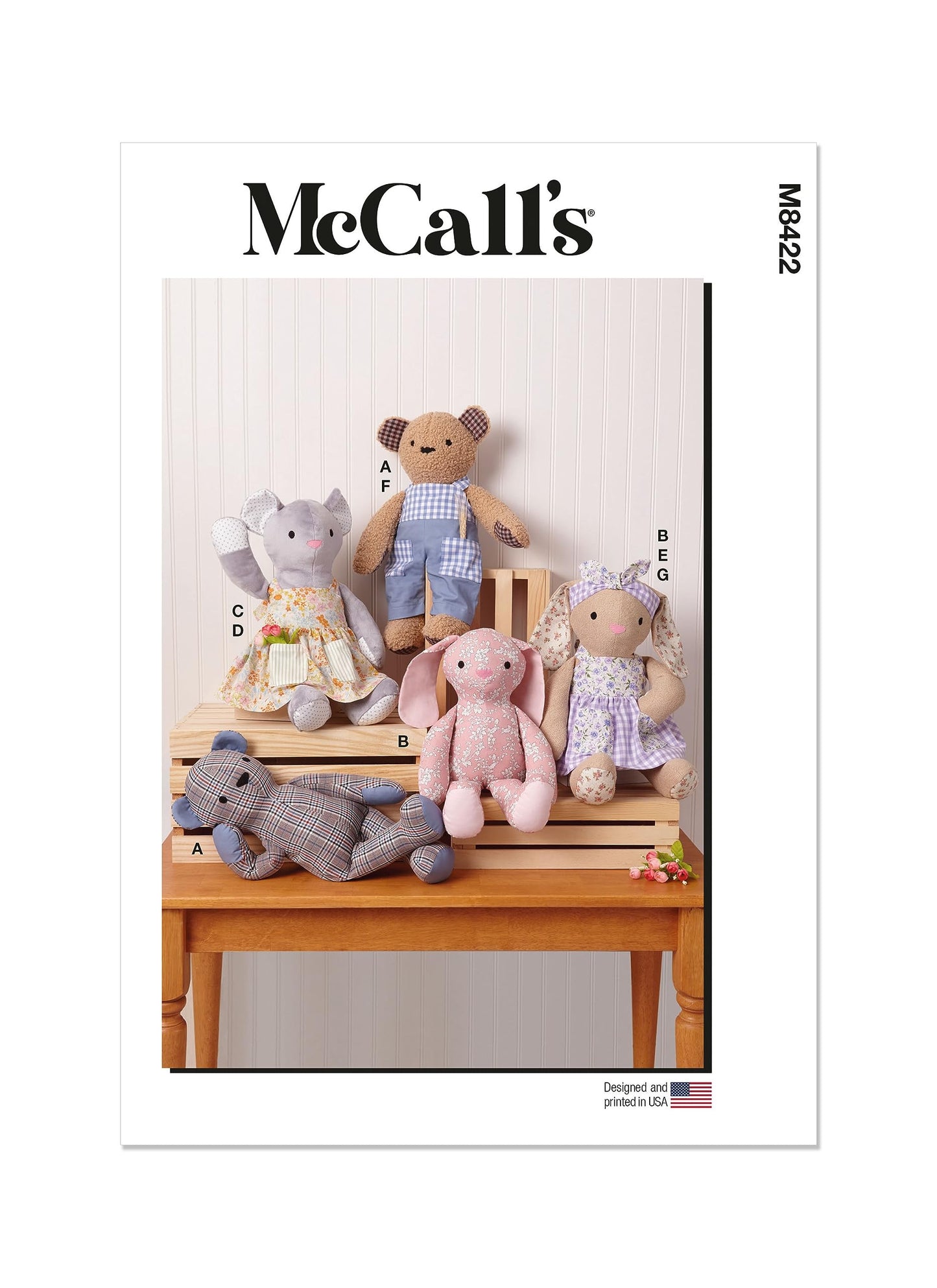 McCall's M8422OS Plush Bear, Bunny and Mouse with Clothes and Headband Sewing Pattern Kit, Design Code M8422, One Size Each