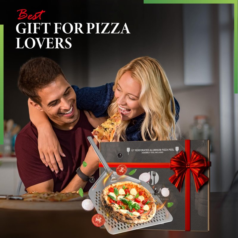 The Italian Kitchen Perforated Pizza Peel - Professional 13 x 16.7 Metal Pizza Peel Paddle - 27.3 Overall Aluminum Pizza Peel - Works With All Pizza Ovens, Stones & Grills Silver
