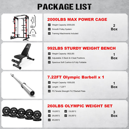 JELENS C21 Power Cage, 2000LBS Multi-Function Power Rack with Independent Dual Pulley System, All-in-One Squat Rack for Cable Crossover, Home Gym Workout Machine (Red, 260LBS Black)