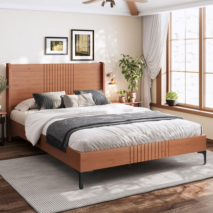 KEIKI Full Size Platform Bed with Bamboo-Made Structure, Mid-Century Style Bed Frame with Chic Headboard, Sustainable Bedframe Full for Bedroom, Easy Assembly, No Box Spring Needed, Natural