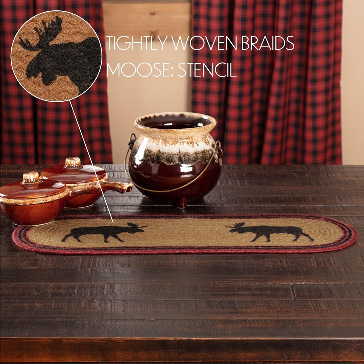 VHC Brands Cumberland Moose Rustic Decor Table Runner, Natural Jute for Kitchen Dining Room, Tan Red Black