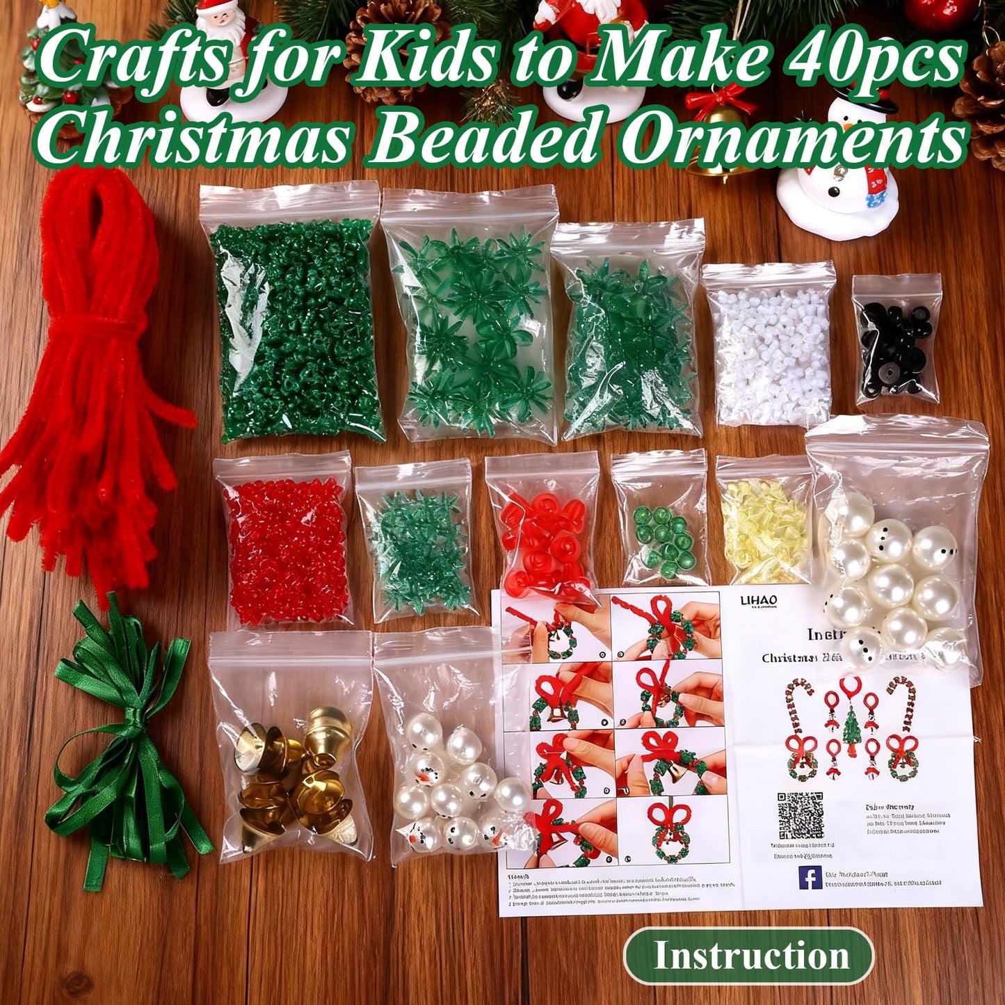 LIHAO 40PCS Christmas Crafts for Teens Boys Girls Adults, Beaded Ornament Kits to Make 10PCS Snowman/10PCS Tree/10PCS Wreath/10PCS Candy Cane Holiday Tree Decorations Craft Supplies(Assembly Needed)