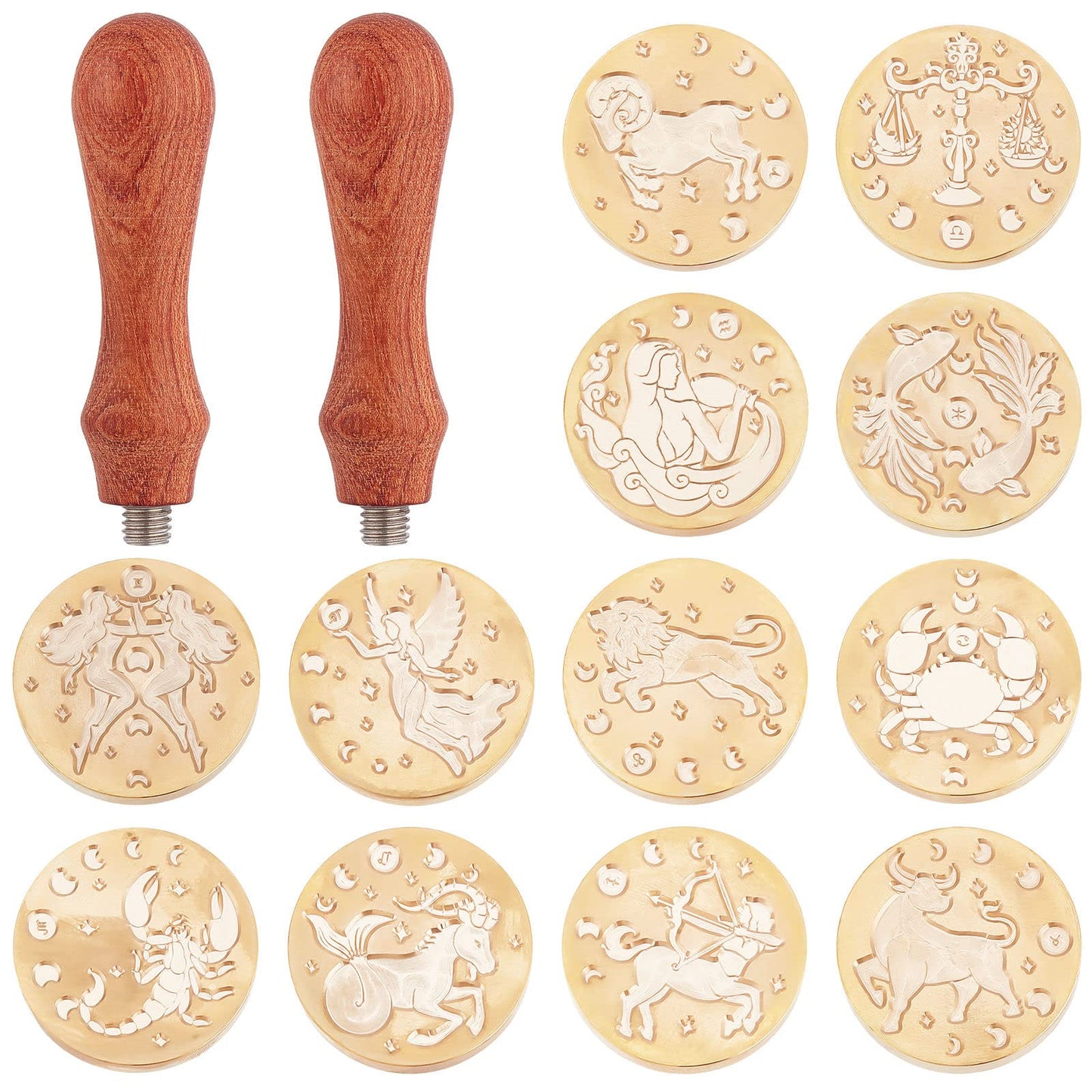 CRASPIRE 12pcs Constellations Wax Seal Stamp Set Tarot Magic Sealing Stamp Heads Kits with 2pcs Wood Handle for Wedding Invitations Envelopes Birthday Gift Cards Scrapbooking