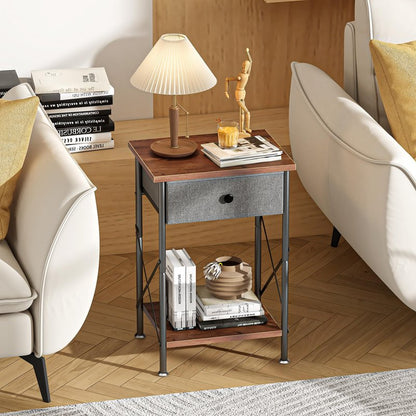 VECELO End Tables, Modern Nightstands with Drawer & Open Shelf, Side Table for Bedroom Living Room, Industrial Metal Frame, Easy Assembly, Rustic Brown,1 Pack
