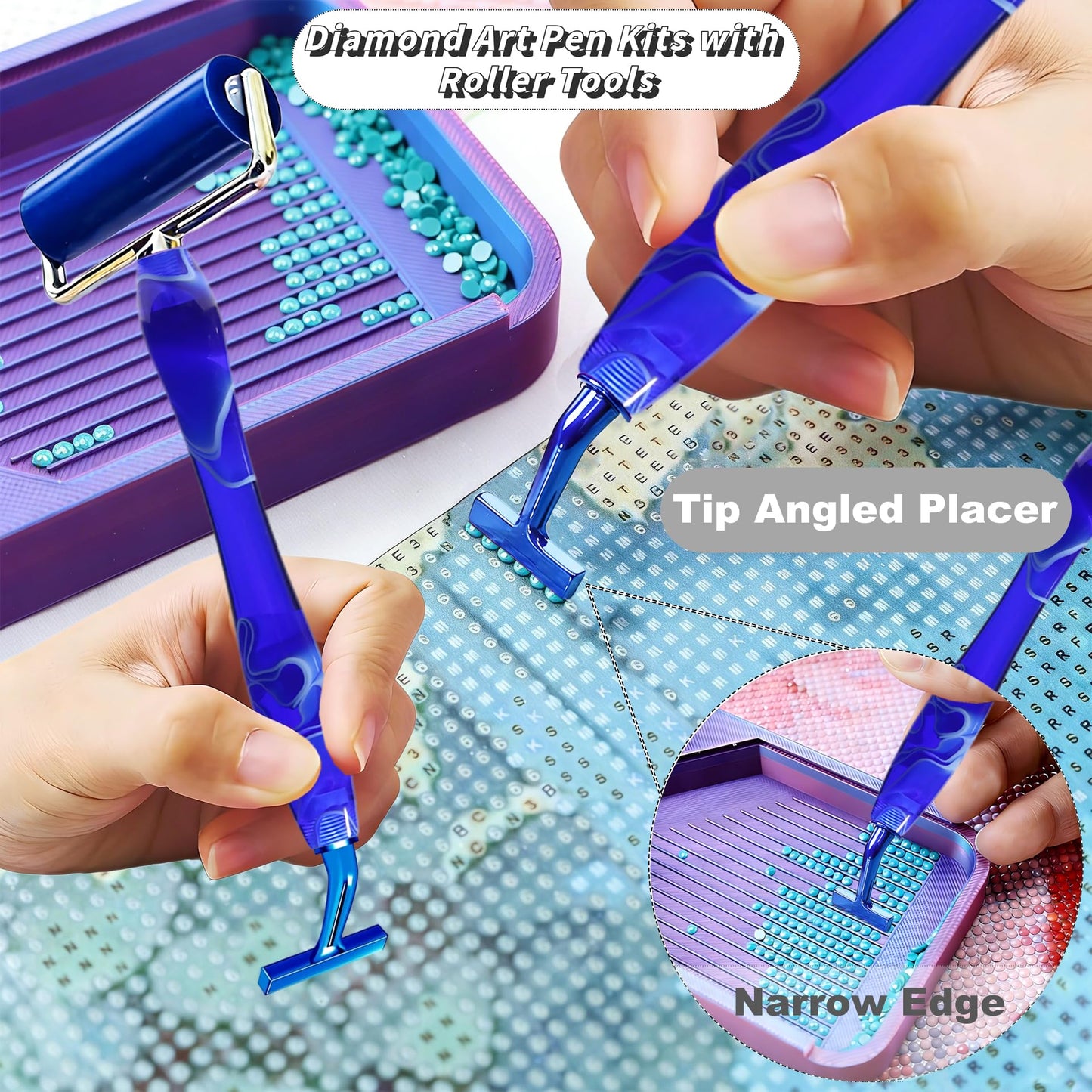 Diamond Painting Art Drill Bead Dot Pen Kit with Ergonomic 45° Screw Metal Tips Nibs Placers Roller Tool Accessories, Diamond Art Putty, Diamond Painting Tray, Tweezer (Blue 1246 Beads)