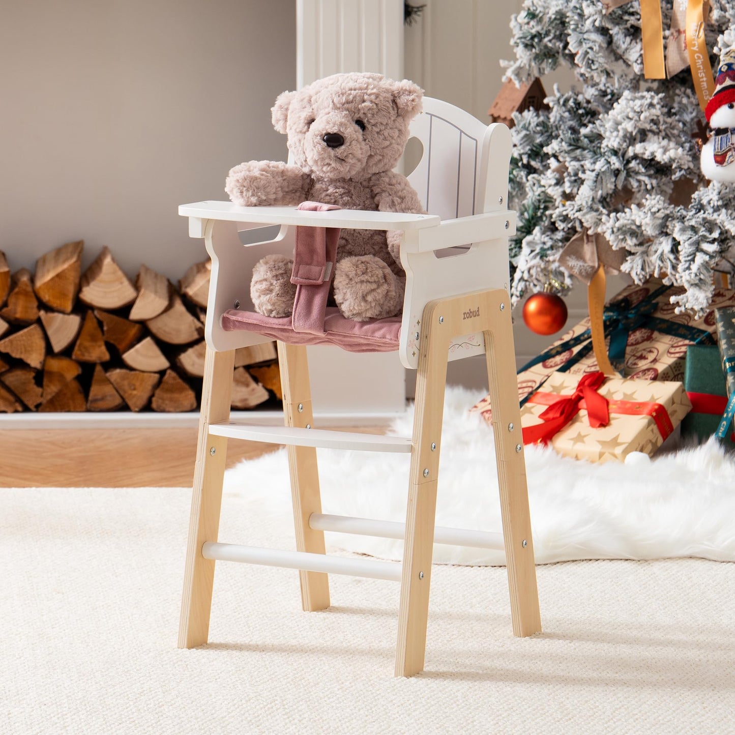 ROBUD Play High Chair, Pretend Play High Chair with Cushion, Movable Table, Wooden Baby Doll Accessories, Fits 18-20 Inch Dolls, White