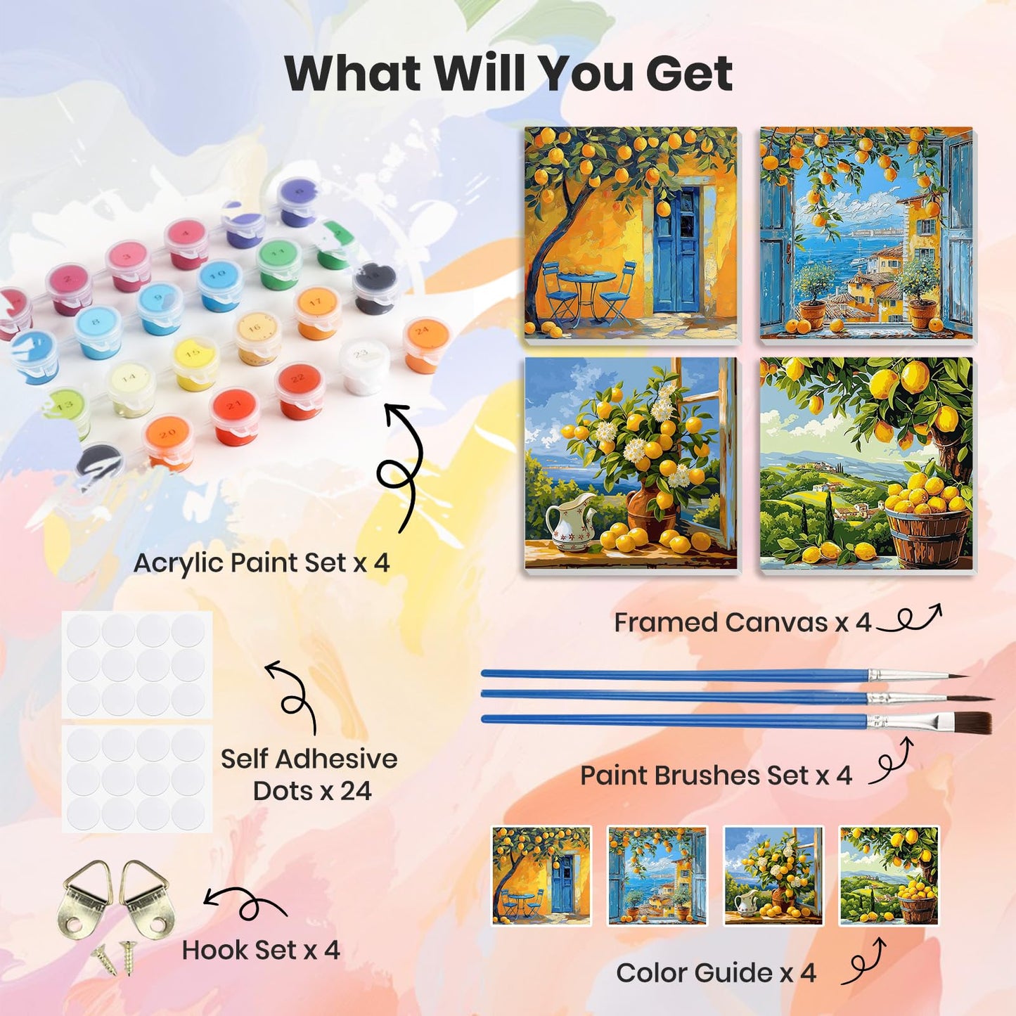 HEIBAGO 4 Pack Framed Paint by Numbers Kit for Adults Beginner, Adult Paint by Number Kits Lemon Tree, DIY Paint by Numbers for Adults,Small Easy Acrylic Oil Painting for Wall Decor 8x8 Inch