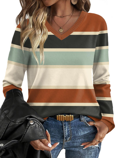 OFEEFAN Womens Sweaters Long Sleeve Shirts Fall Outfits 2025 V Neck Soft Knit Pullover Trendy Tops Dressy Casual Blouses
