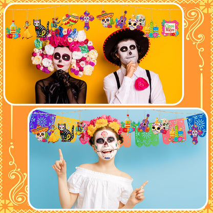 Soaoo 36 Pcs Day of The Dead Ornaments for Tree Dia De Los Muertos Decorations Mexican Theme Cat Skeleton Wood Sign Halloween Ornament Skulls for Crafts Hanging Decor Fiesta Festival Party Gift