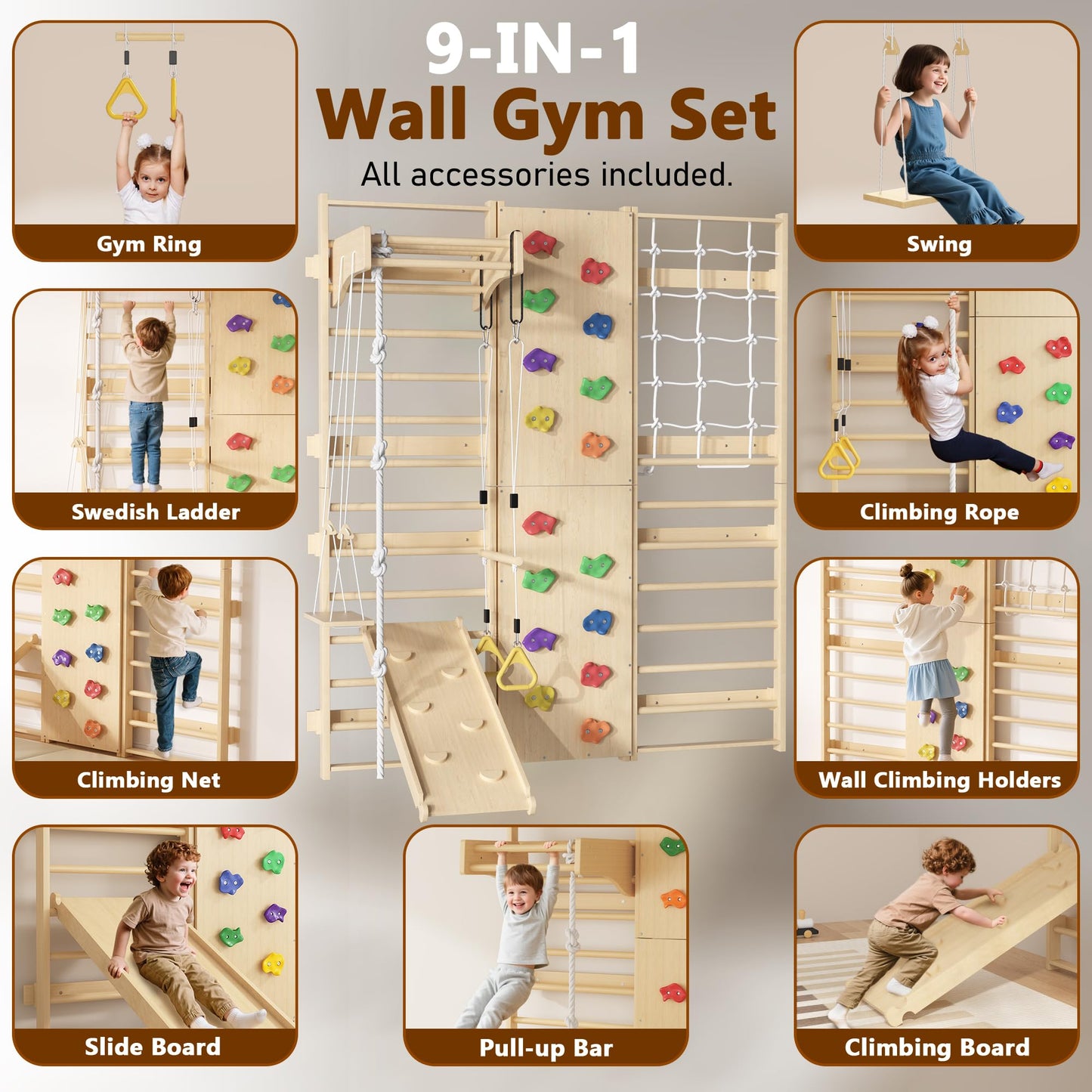 Cofiyard 9-in-1 Swedish Ladder Wall Gym & Climber, 94.5'' Wooden Wall-Mounted Climbing Set with Double-Sided Slide, Swing, Rope, Rings, Monkey Bars, Kids Indoor Playset, Wooden Climbing Jungle Gym