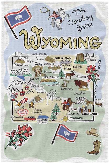 16"x24" 100% Fish Kiss Wyoming Map Dish Towel is of Microfiber Waffle Weave Making it Super Absorbent, Soft & Machine