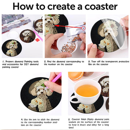 Yijingtop Retro Dog Diamond Art Painting Coasters Kit, 8 Pieces Puppy Diamond Art Coasters with Holder, DIY Funny Dog Small Diamond Art for Beginners