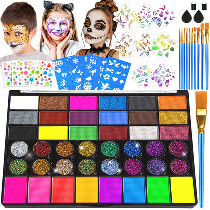 Face Painting Kit – 42 Colors Water Activated Face Paint Set, Easy Apply & Remove, Skin-Safe & Non-Toxic, Professional Kit with Brushes, Stencils & Gems for Halloween, Party, Festival & Cosplay