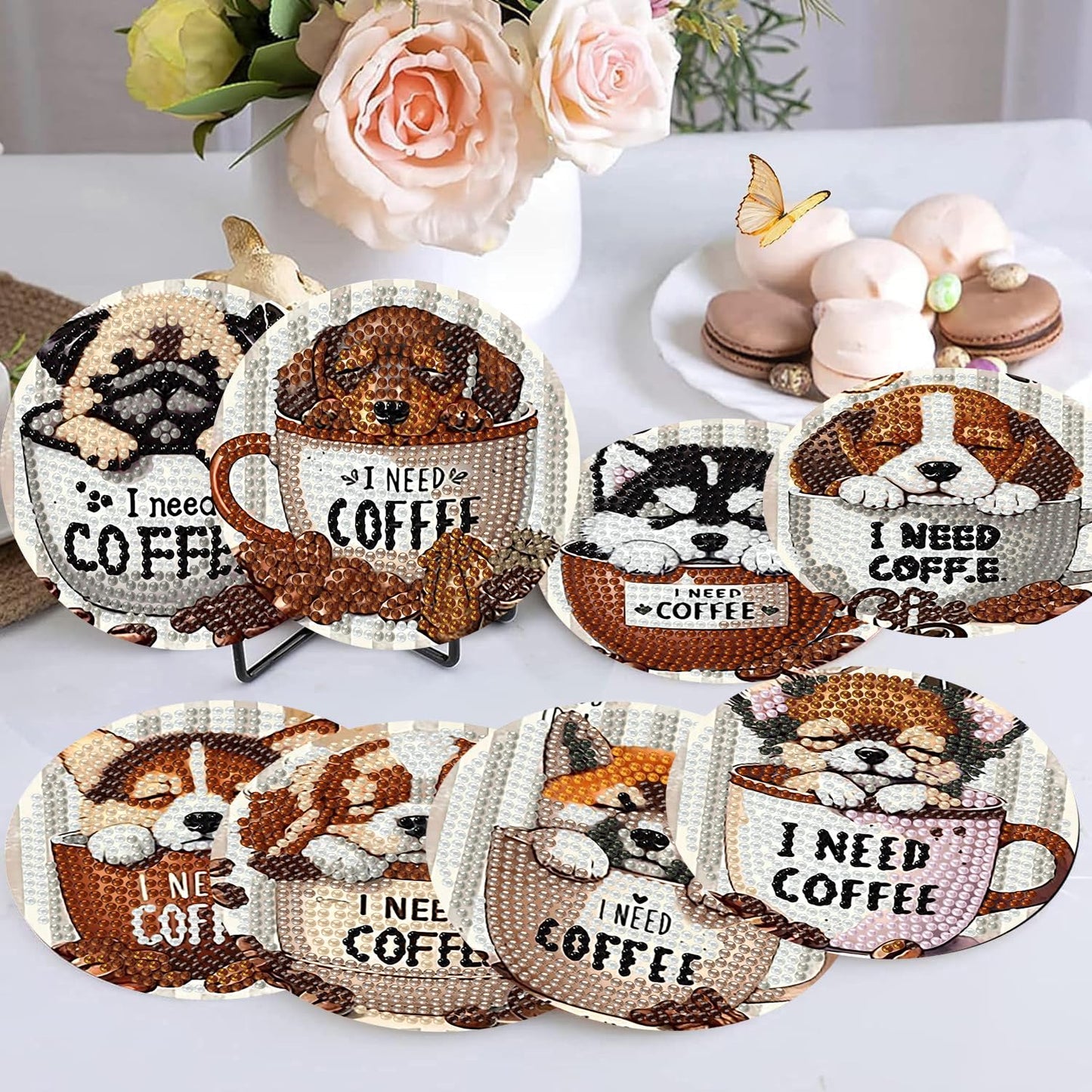 Ekuxom 8 Pcs Coffee Dog Diamond Art Coasters Kits with Holder-Diamond Painting Coasters Kits-DIY Crafts Art Coaster Kit for Home Decor