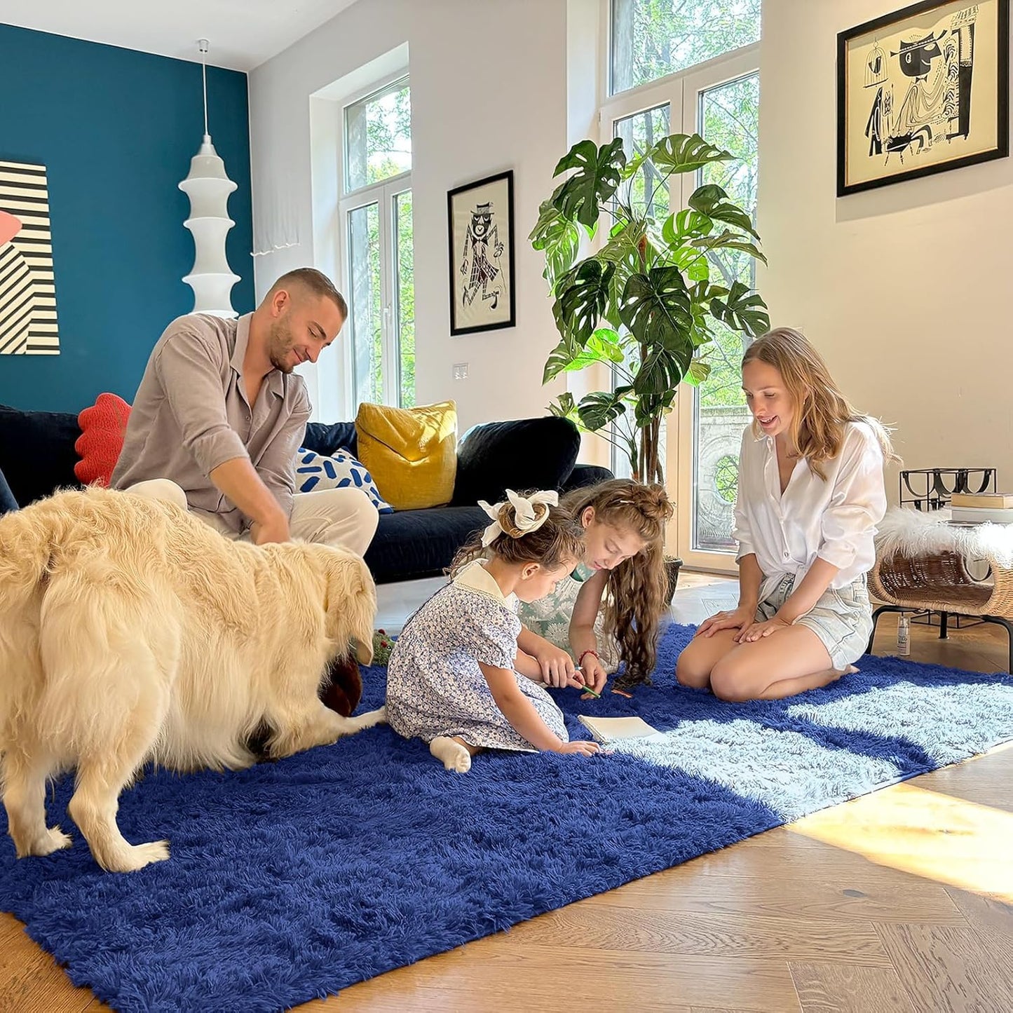 OLANLY Large Area Rug - Soft Fluffy Shaggy Indoor Carpet for Living Room & Bedroom | Navy Blue, 6x8 ft