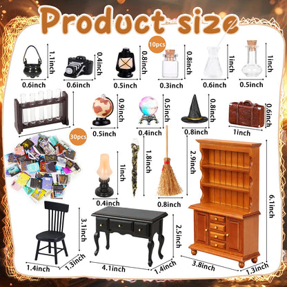 Rileryan 54 Pcs 1:12 Scale Magic Witchy House Kit Halloween Miniatures Furnitures Accessories Mini Wooden Bookshelf Bookcase 30 Mini Books Desk Chair Halloween Decoration Gift