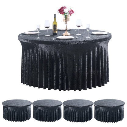 Outpain 4Pack 60 Inch Round Velvet Tablecloths - 120 Inch Stretch Spandex Table Cover with Floor-Length Skirt, Wrinkle-Free Luxury Elastic Table Cloths for Weddings,Banquets,Events (Black)